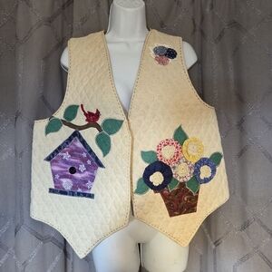 Vintage Cream Quilted Cardinal Floral Goose Applique Vest L